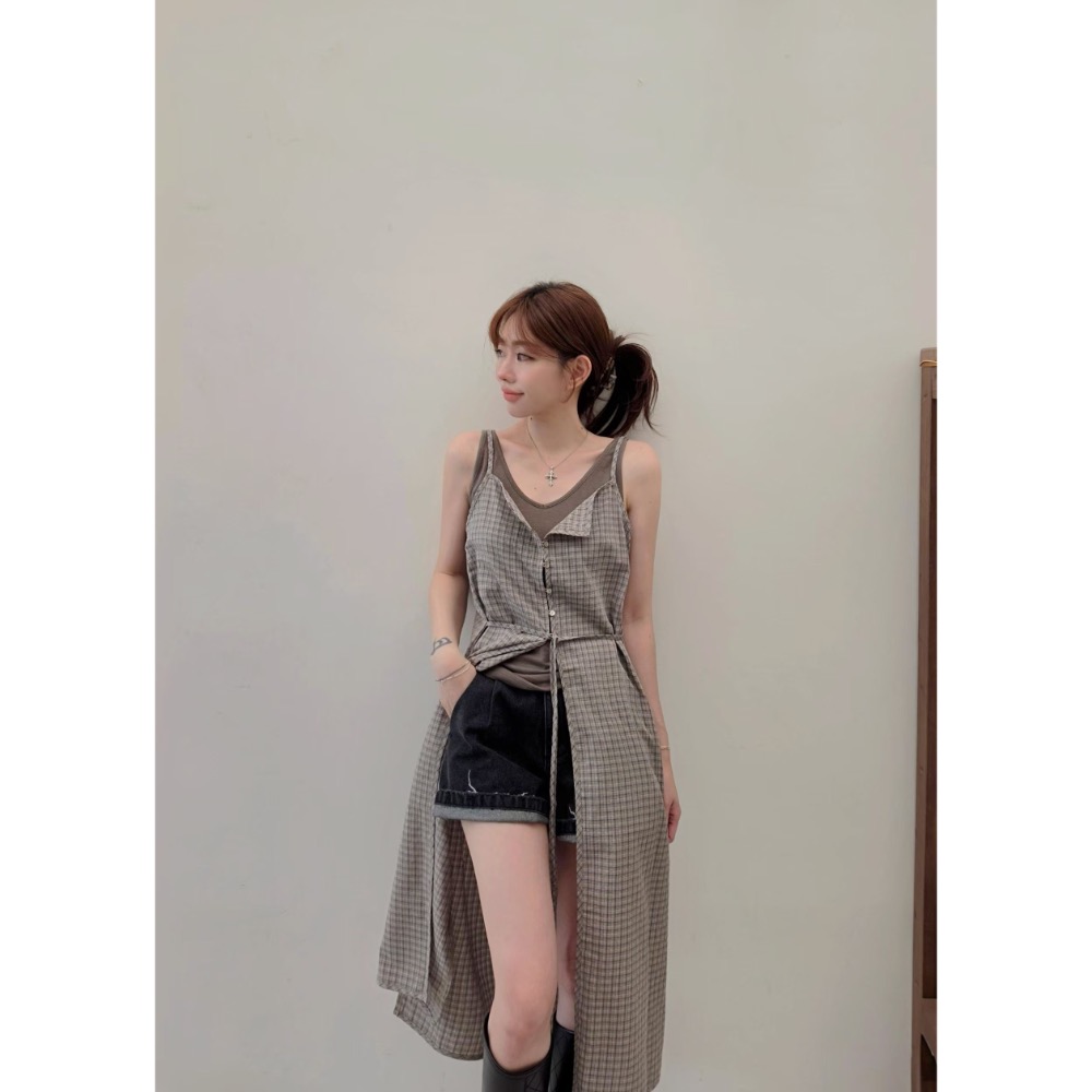 MiaoMiao Korea 韓妞格紋細肩帶長罩衫Copiner 漂亮歐膩 秋季 東大門 正韓代購-細節圖2