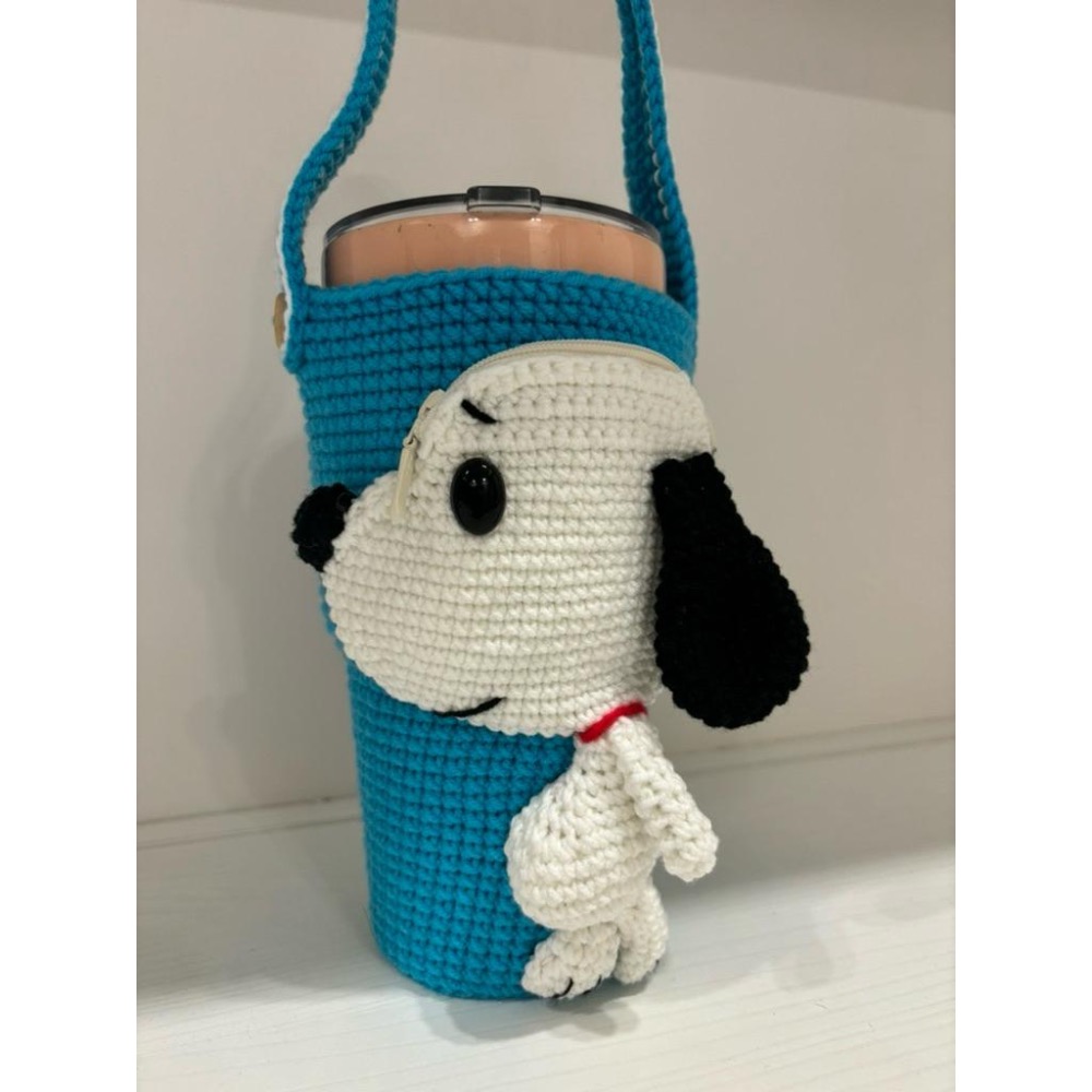 JoJo愛編織 編織飲料提袋 冰霸杯提袋★史努比★ 毛線編織 冰壩杯套 杯袋 保溫杯套 冰霸杯套 環保飲料提袋-細節圖2