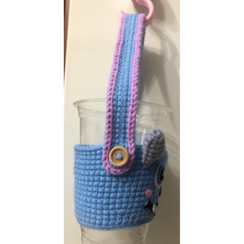 JoJo愛編織 毛怪編織飲料提袋★毛怪飲料提袋★純手工 毛線編織 環保飲料提袋 杯套 杯袋 手工編織杯套-細節圖2