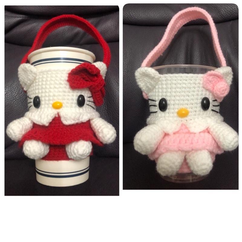 立體造型編織飲料提袋★KITTY 美樂蒂★純手工 毛線編織 環保飲料提袋 杯套 杯袋 手搖飲杯套-細節圖2