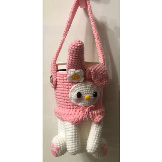 立體造型編織飲料提袋★KITTY 美樂蒂★純手工 毛線編織 環保飲料提袋 杯套 杯袋 手搖飲杯套-細節圖3