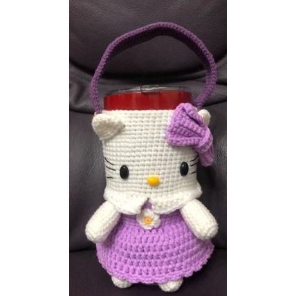 JoJo愛編織 編織飲料提袋 冰霸杯提袋★KITTY★ 毛線編織 冰壩杯套 杯袋 保溫杯套 冰霸杯套 環保飲料提袋-細節圖4