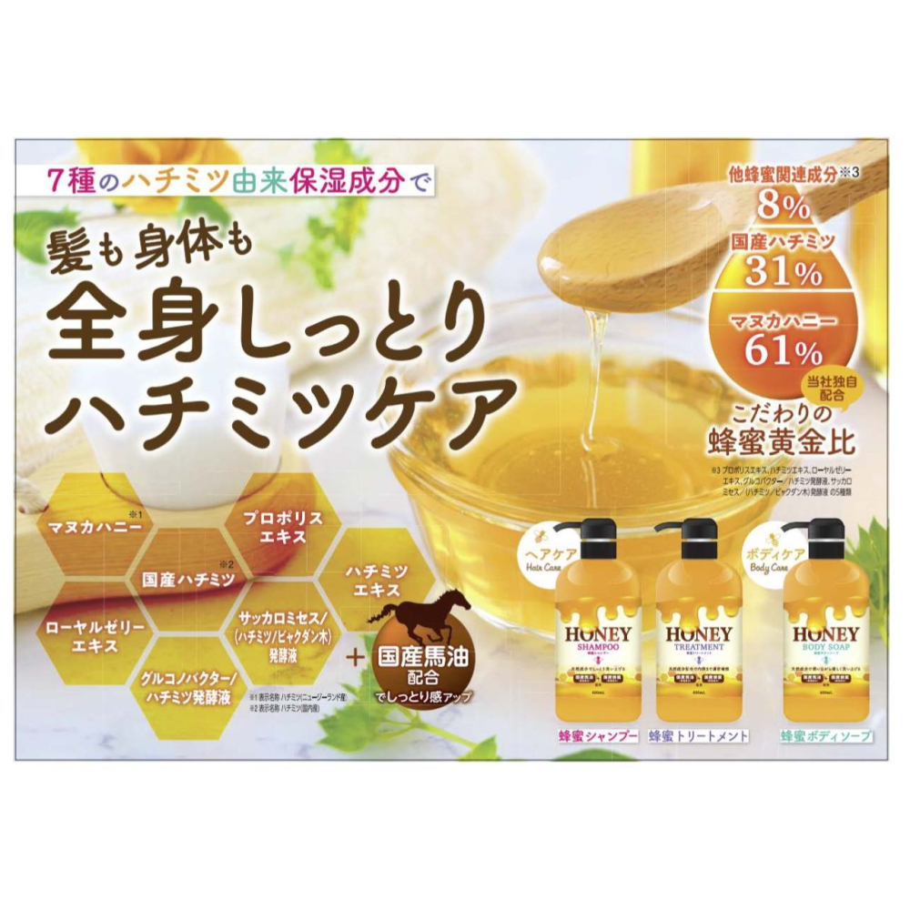 蜂蜜 馬油洗髮精 護髮素 沐浴露 日本 國產 Honey 日本製 黃金比 麥盧卡蜂蜜 蜂膠 保濕 潤髮 沐浴乳-細節圖2