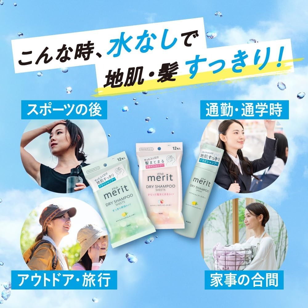 日本 Kao 花王 merit DAY+ 乾洗髮濕巾12枚入 濕紙巾 乾洗髮 懶人必備 柔順 蓬鬆 油頭救星-細節圖3