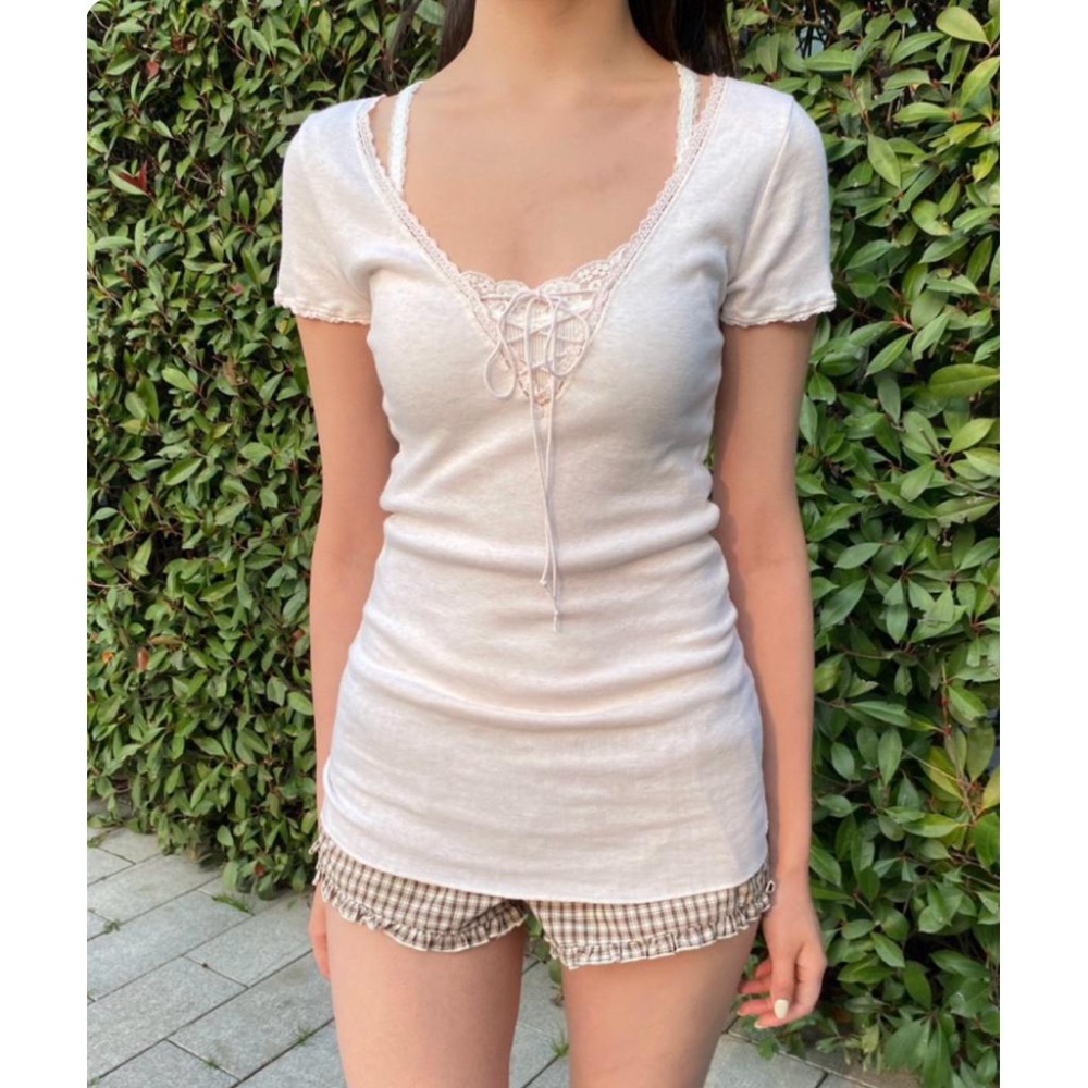 Brandy Melville Tania V-Neck Lace Top-細節圖3