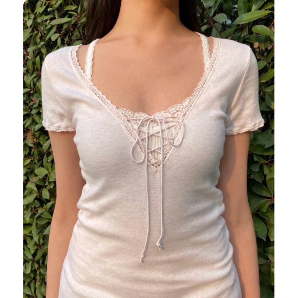 Brandy Melville Tania V-Neck Lace Top-細節圖5