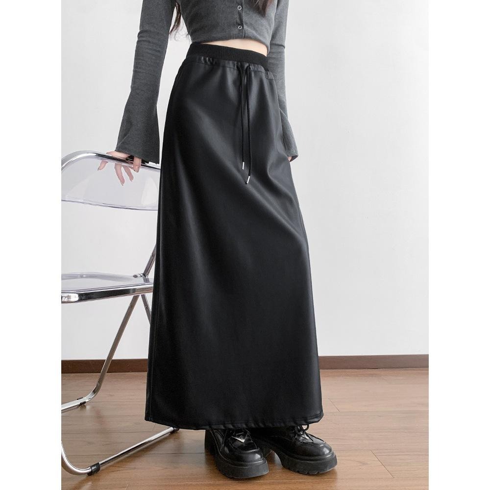 高腰顯瘦 黑色開叉皮裙 百搭pu皮長裙 (S-XL) | kukuta-細節圖2