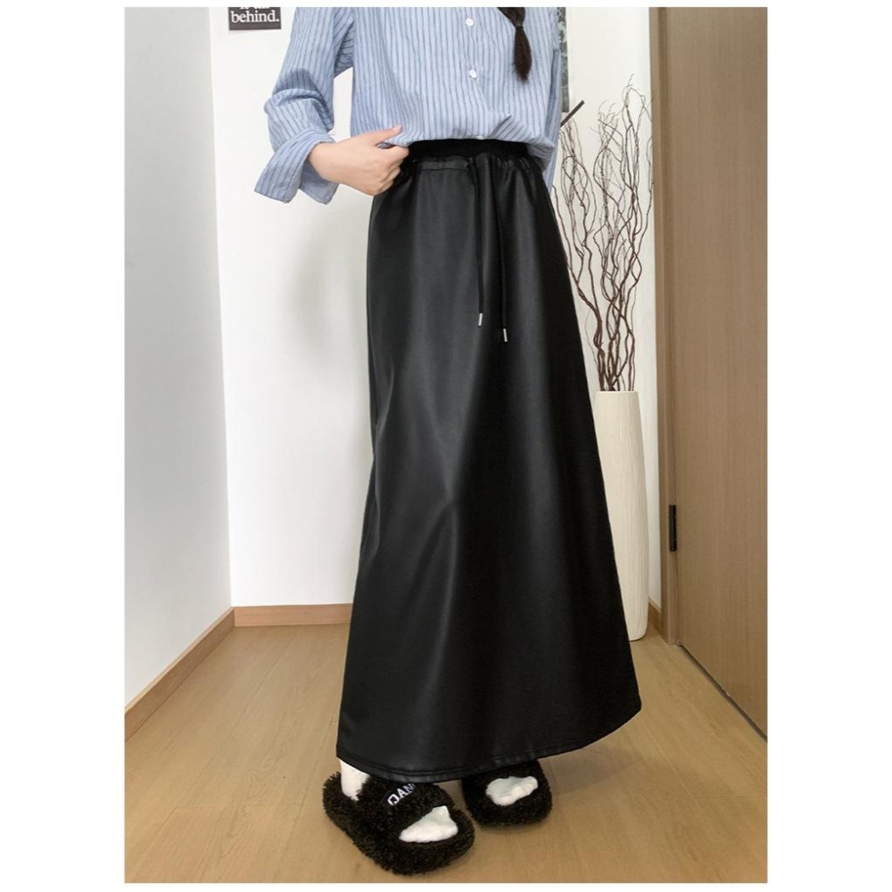 高腰顯瘦 黑色開叉皮裙 百搭pu皮長裙 (S-XL) | kukuta-細節圖5