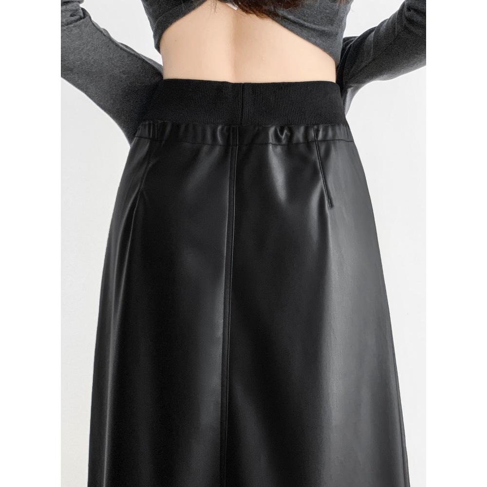 高腰顯瘦 黑色開叉皮裙 百搭pu皮長裙 (S-XL) | kukuta-細節圖6