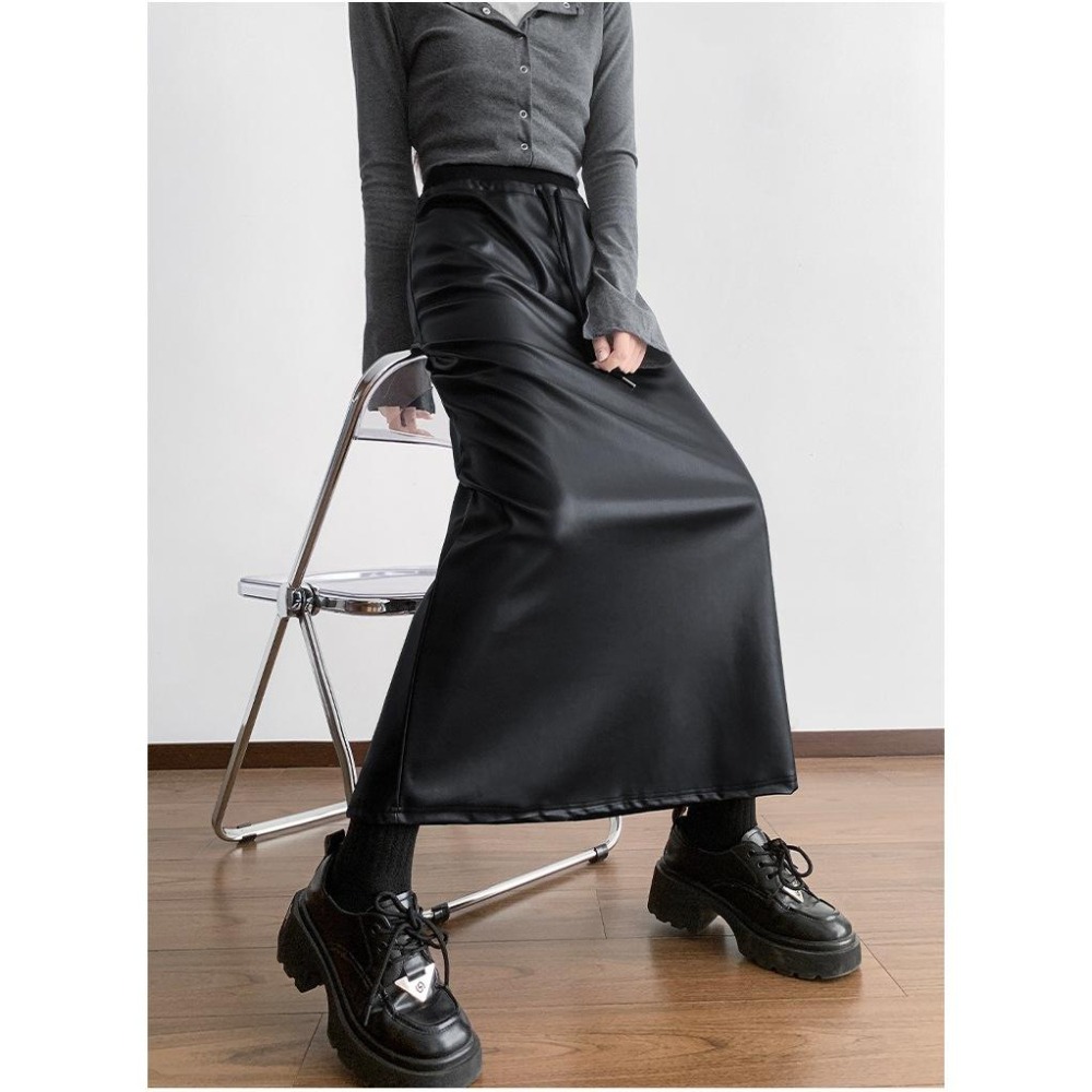 高腰顯瘦 黑色開叉皮裙 百搭pu皮長裙 (S-XL) | kukuta-細節圖8