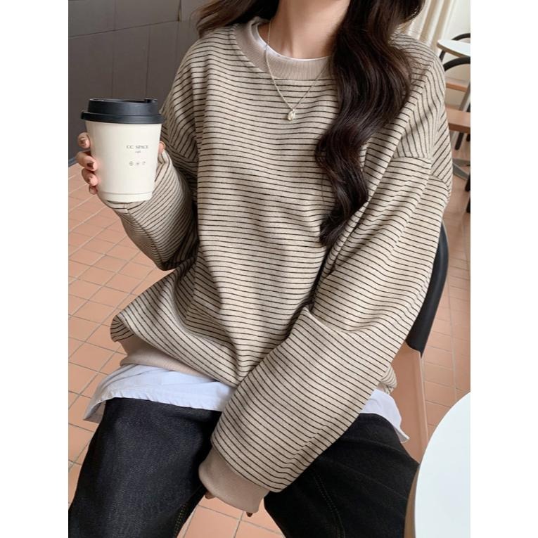 寬鬆韓系條紋圓領上衣 休閒百搭慵懶大學T *2色 | kukuta-細節圖2