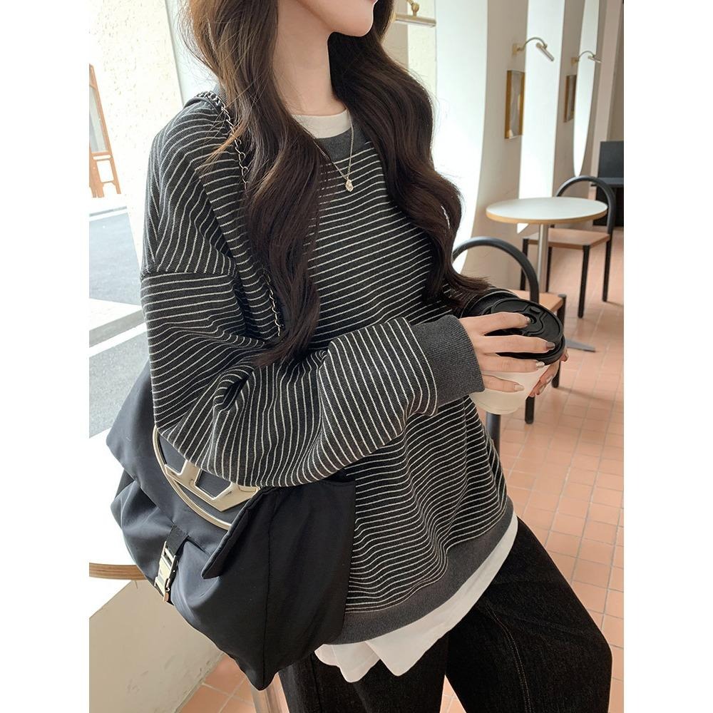 寬鬆韓系條紋圓領上衣 休閒百搭慵懶大學T *2色 | kukuta-細節圖3