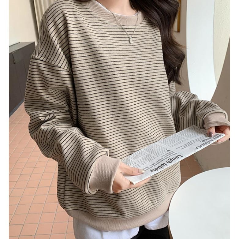 寬鬆韓系條紋圓領上衣 休閒百搭慵懶大學T *2色 | kukuta-細節圖4