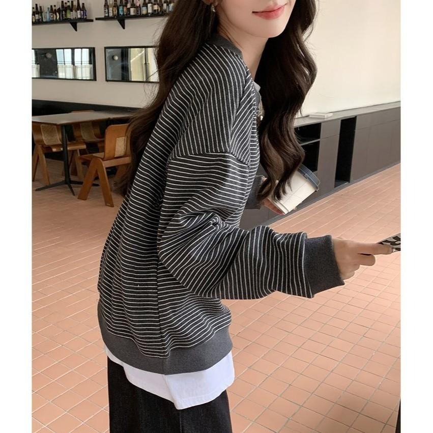 寬鬆韓系條紋圓領上衣 休閒百搭慵懶大學T *2色 | kukuta-細節圖5