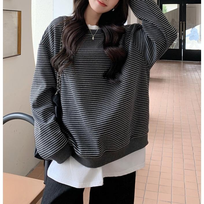 寬鬆韓系條紋圓領上衣 休閒百搭慵懶大學T *2色 | kukuta-細節圖7