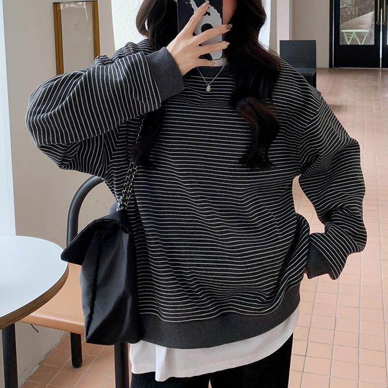 寬鬆韓系條紋圓領上衣 休閒百搭慵懶大學T *2色 | kukuta-細節圖9