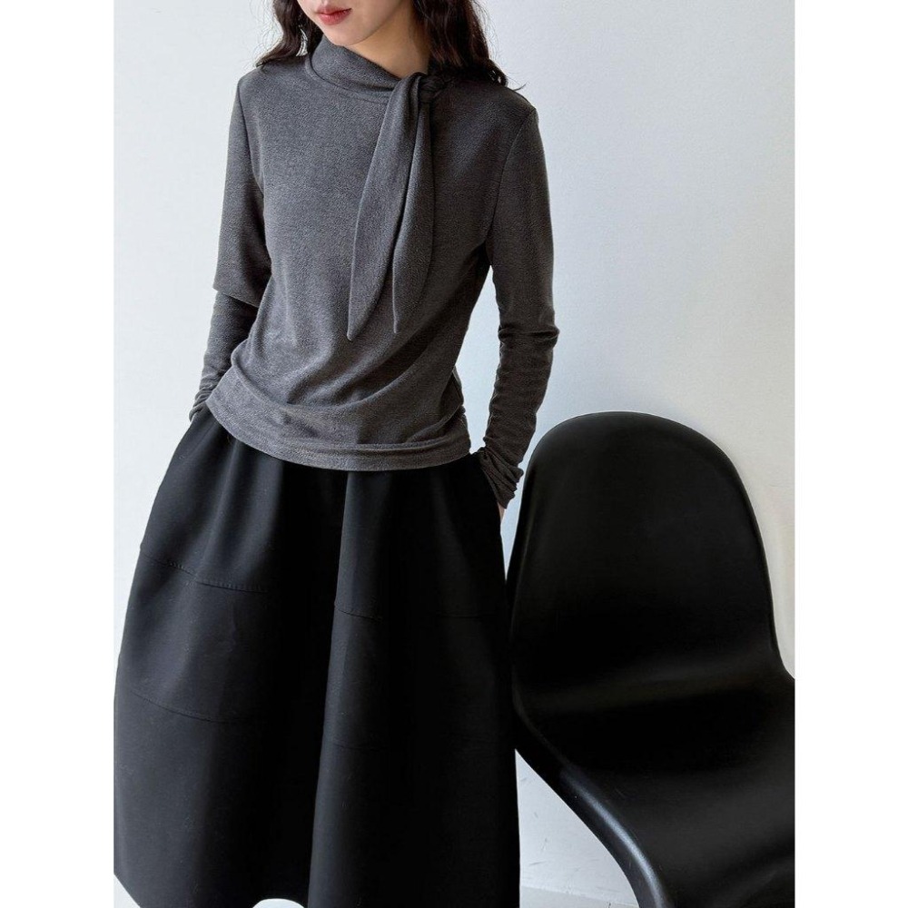 韓系設計 綁帶修身絨感長袖上衣 秋冬設計感內搭衣 *4色 | kukuta-細節圖2