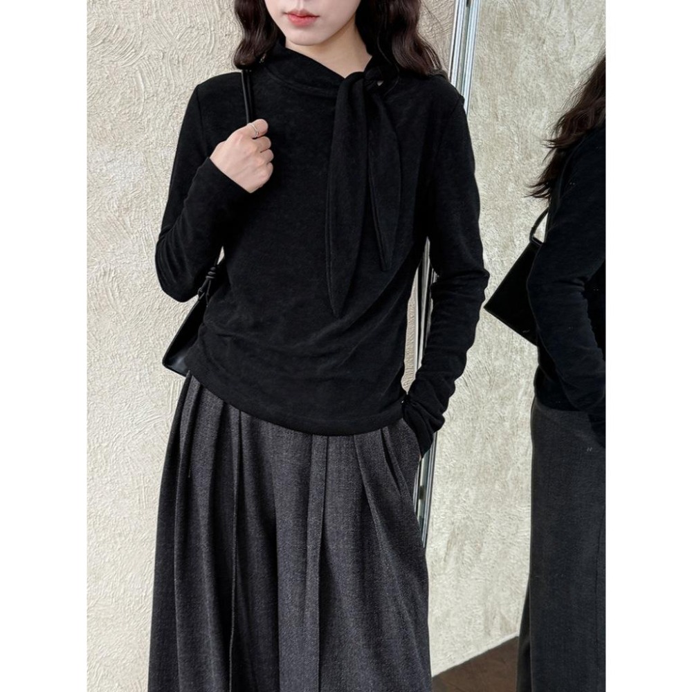 韓系設計 綁帶修身絨感長袖上衣 秋冬設計感內搭衣 *4色 | kukuta-細節圖4