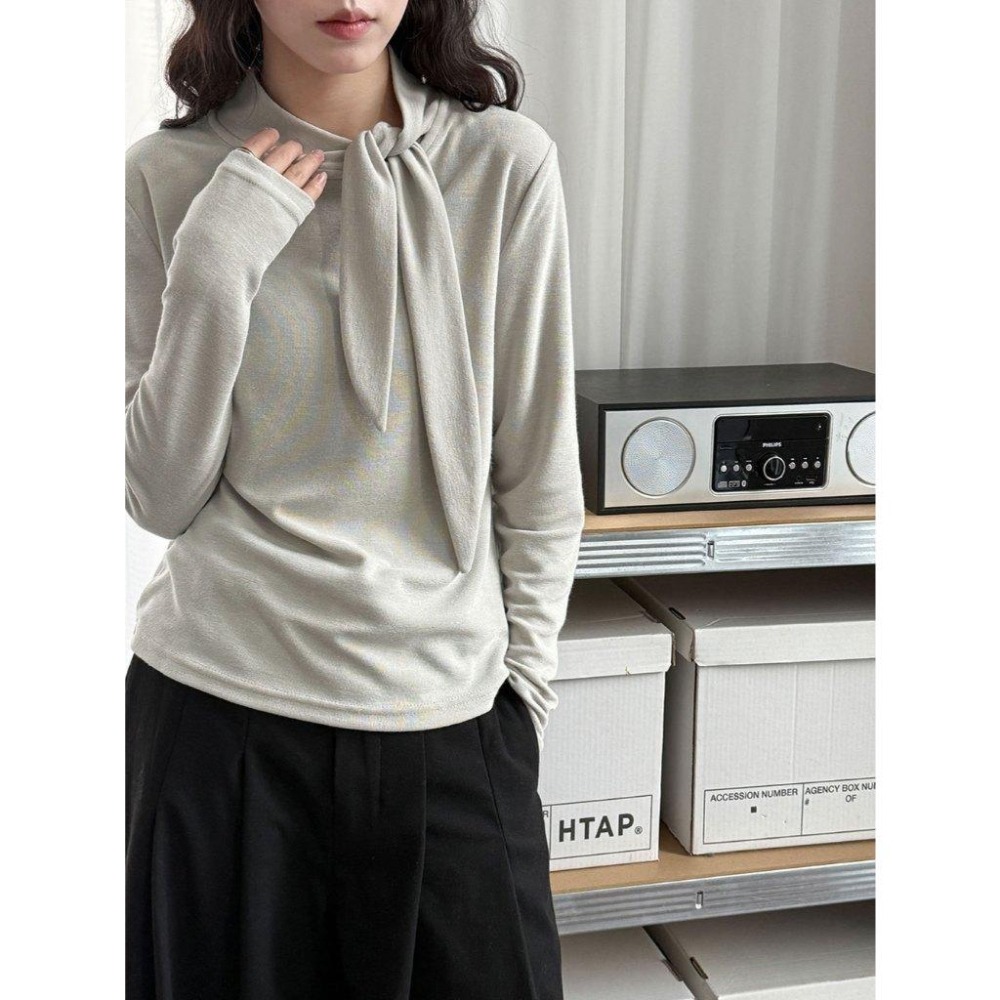 韓系設計 綁帶修身絨感長袖上衣 秋冬設計感內搭衣 *4色 | kukuta-細節圖5