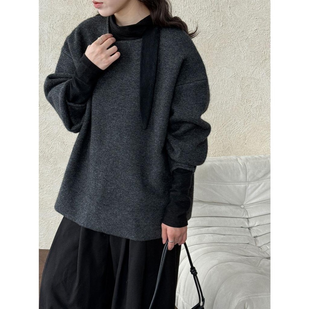 韓系設計 綁帶修身絨感長袖上衣 秋冬設計感內搭衣 *4色 | kukuta-細節圖7