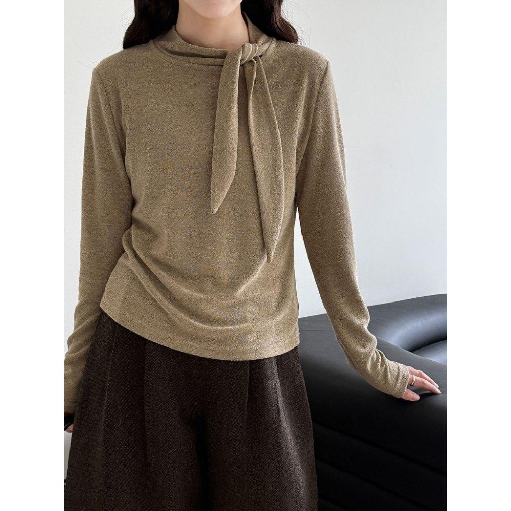 韓系設計 綁帶修身絨感長袖上衣 秋冬設計感內搭衣 *4色 | kukuta-細節圖8