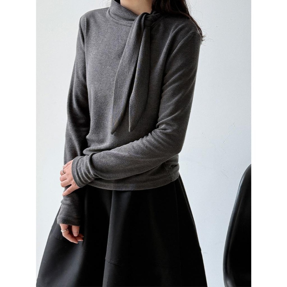 韓系設計 綁帶修身絨感長袖上衣 秋冬設計感內搭衣 *4色 | kukuta-細節圖9