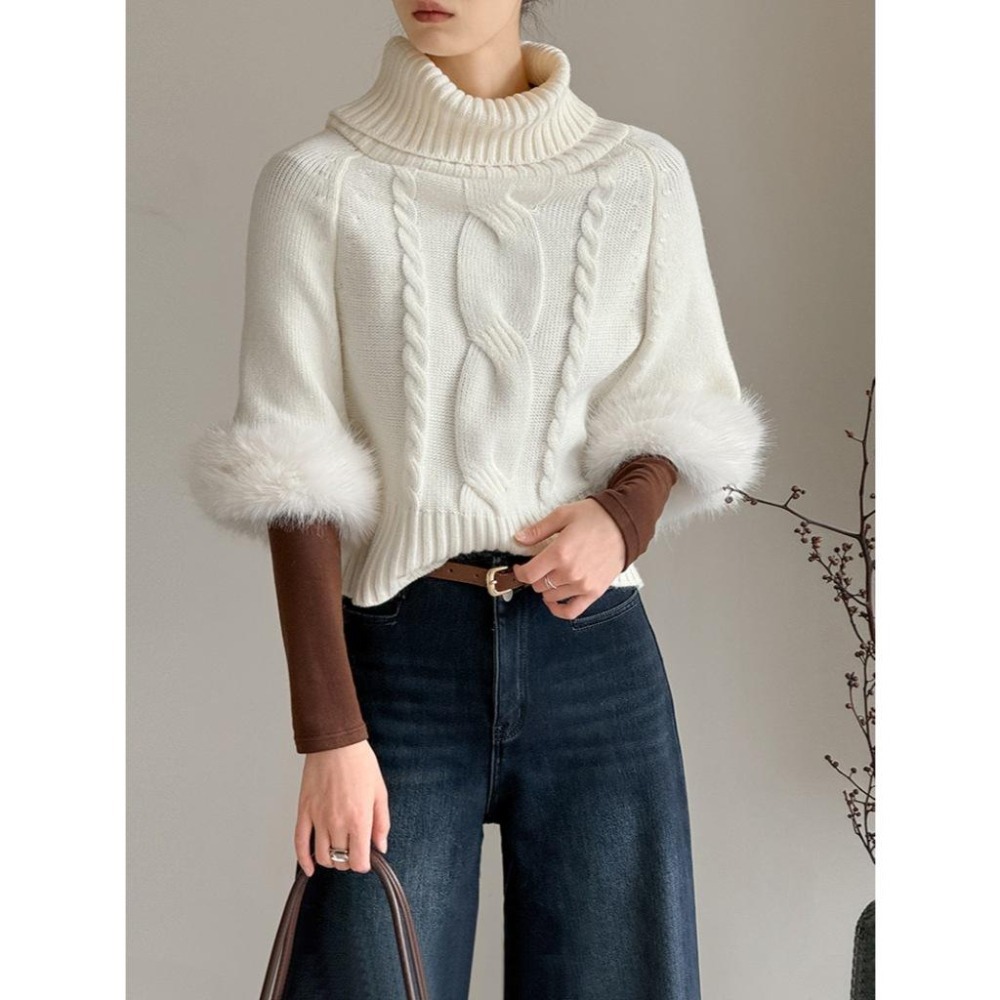 氣質兩穿 一字領針織毛衣 高領毛絨袖上衣 *2色 | kukuta-細節圖4