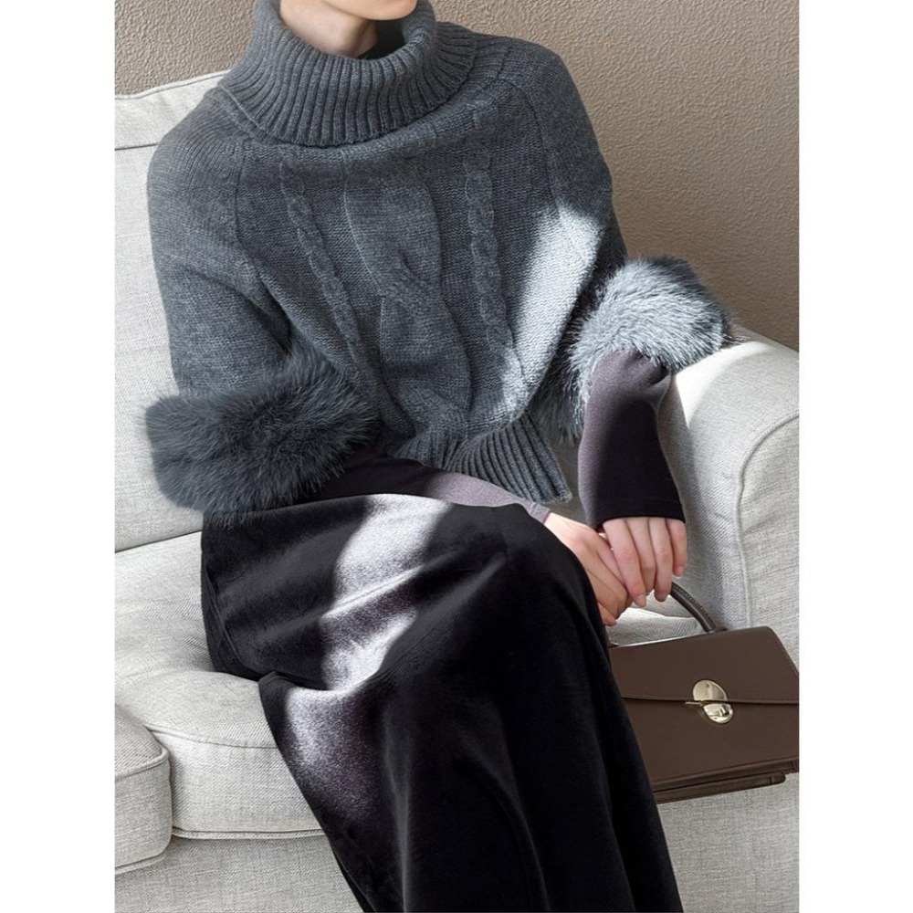 氣質兩穿 一字領針織毛衣 高領毛絨袖上衣 *2色 | kukuta-細節圖5