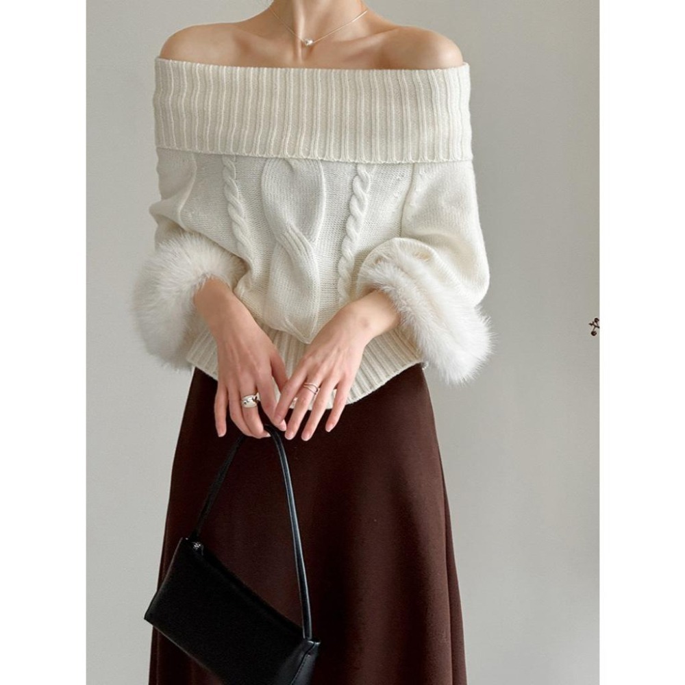 氣質兩穿 一字領針織毛衣 高領毛絨袖上衣 *2色 | kukuta-細節圖6