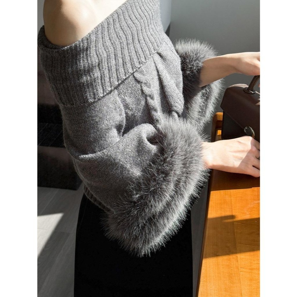 氣質兩穿 一字領針織毛衣 高領毛絨袖上衣 *2色 | kukuta-細節圖7