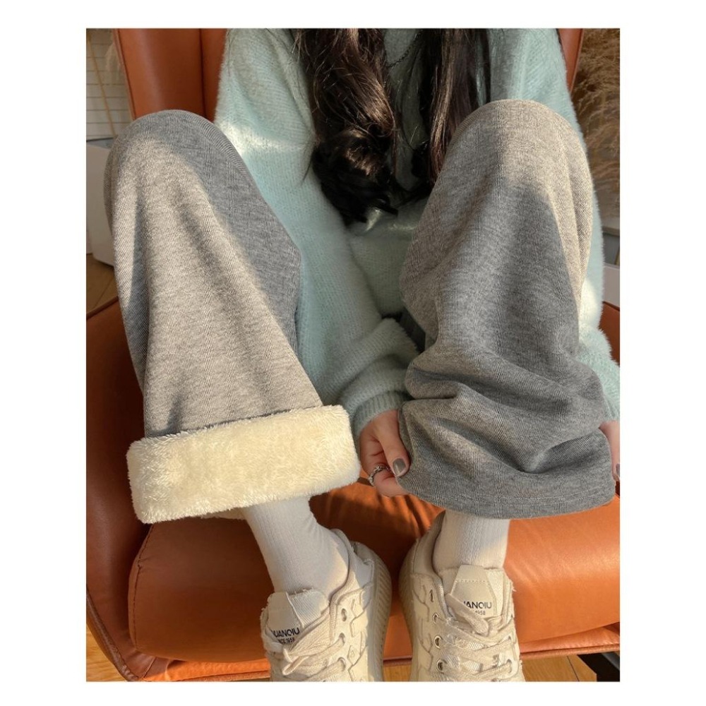 休閒百搭 軟呼呼羊羔絨直筒褲 高腰加絨長褲*5色 (S-XL) | kukuta-細節圖5