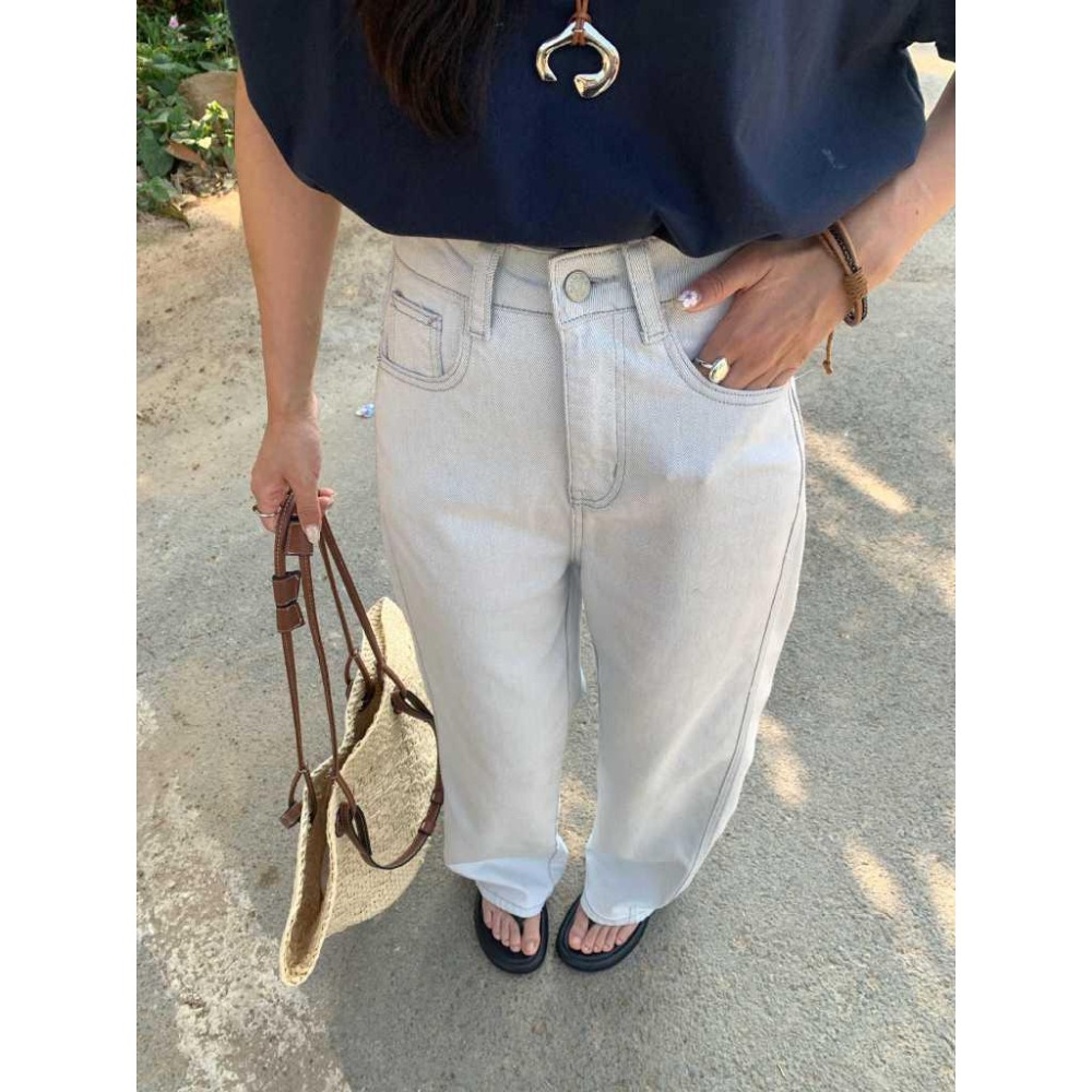 現貨 高腰闊腿明線設計顯瘦牛仔褲 休閒百搭長褲 (S-XL) | kukuta-細節圖3