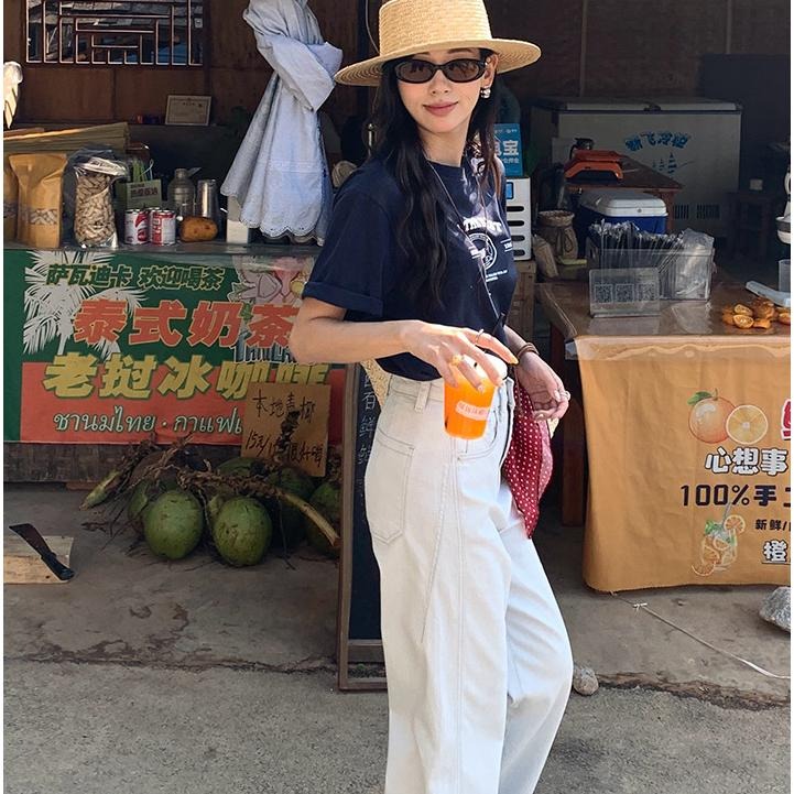 現貨 高腰闊腿明線設計顯瘦牛仔褲 休閒百搭長褲 (S-XL) | kukuta-細節圖5