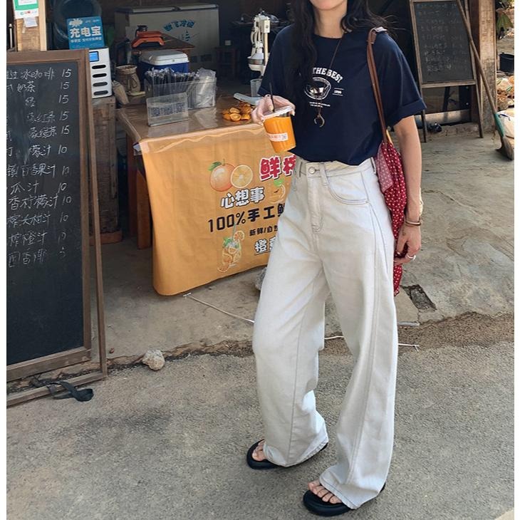 現貨 高腰闊腿明線設計顯瘦牛仔褲 休閒百搭長褲 (S-XL) | kukuta-細節圖7