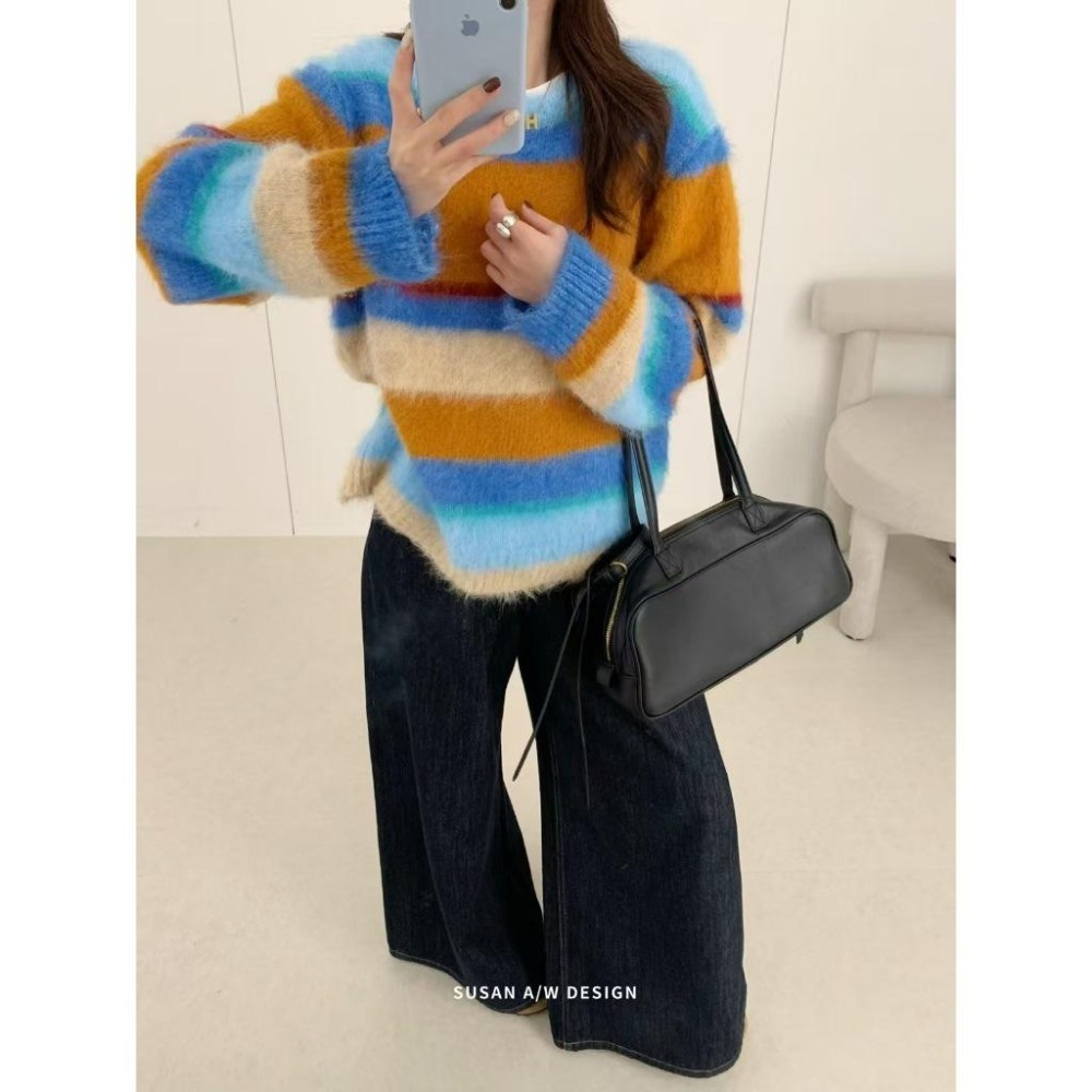 寬鬆百搭 韓系條紋圓領毛衣 慵懶風保暖針織上衣 | kukuta-細節圖2