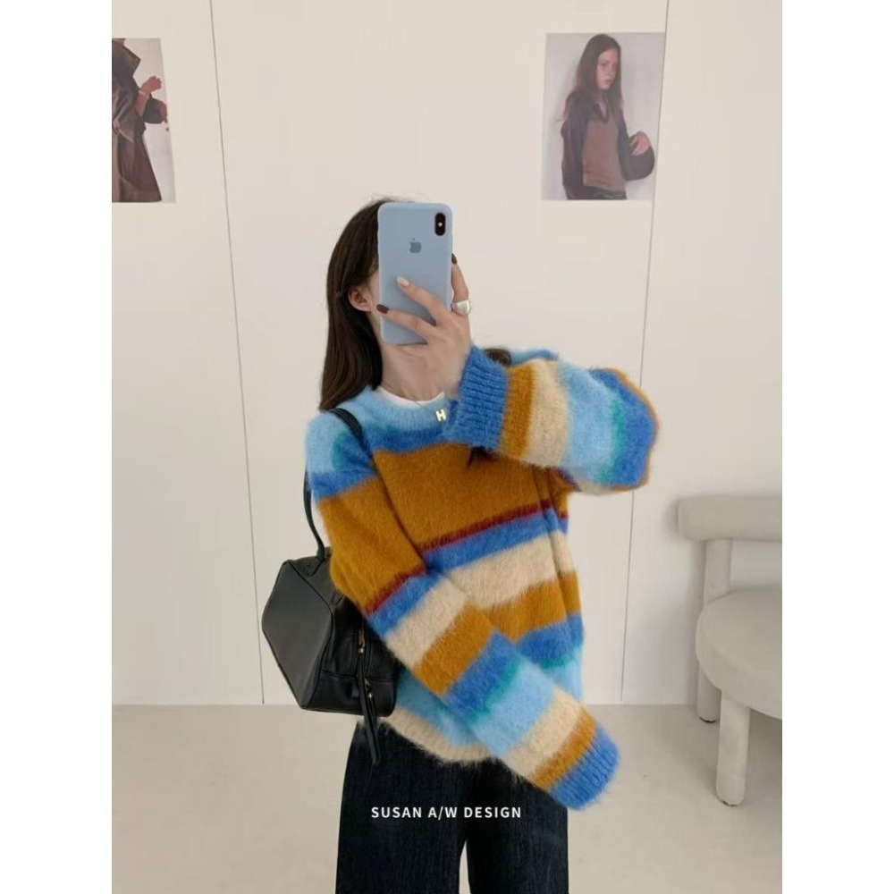 寬鬆百搭 韓系條紋圓領毛衣 慵懶風保暖針織上衣 | kukuta-細節圖3