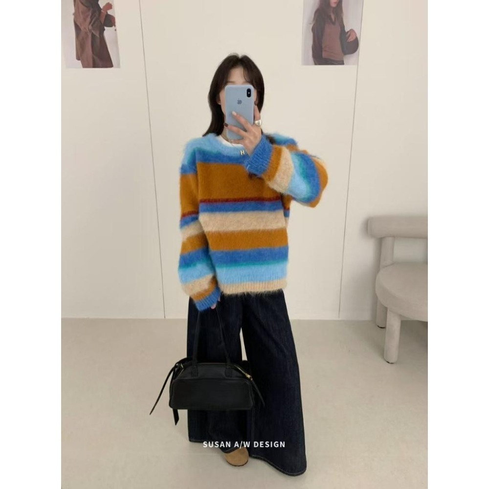 寬鬆百搭 韓系條紋圓領毛衣 慵懶風保暖針織上衣 | kukuta-細節圖5