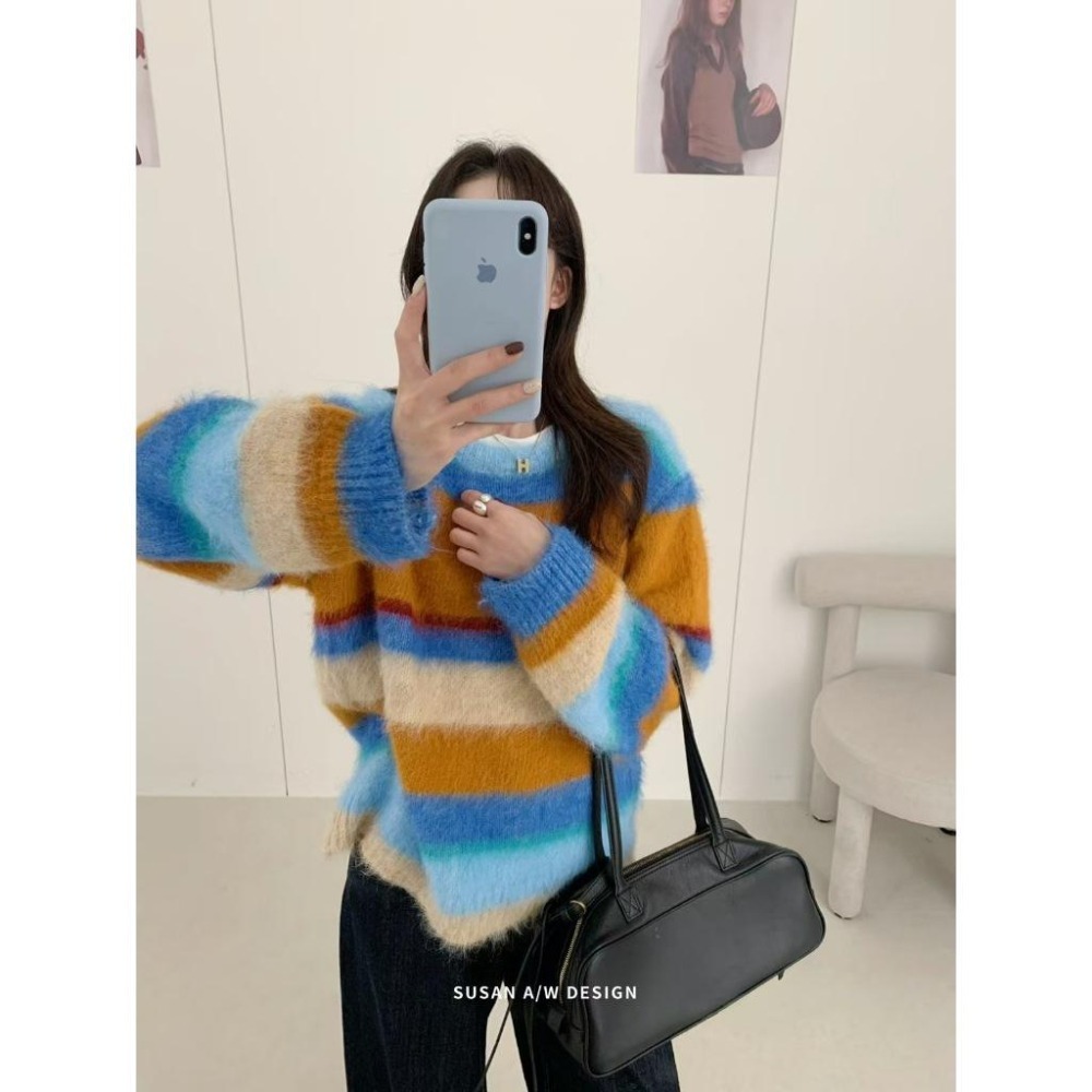 寬鬆百搭 韓系條紋圓領毛衣 慵懶風保暖針織上衣 | kukuta-細節圖6