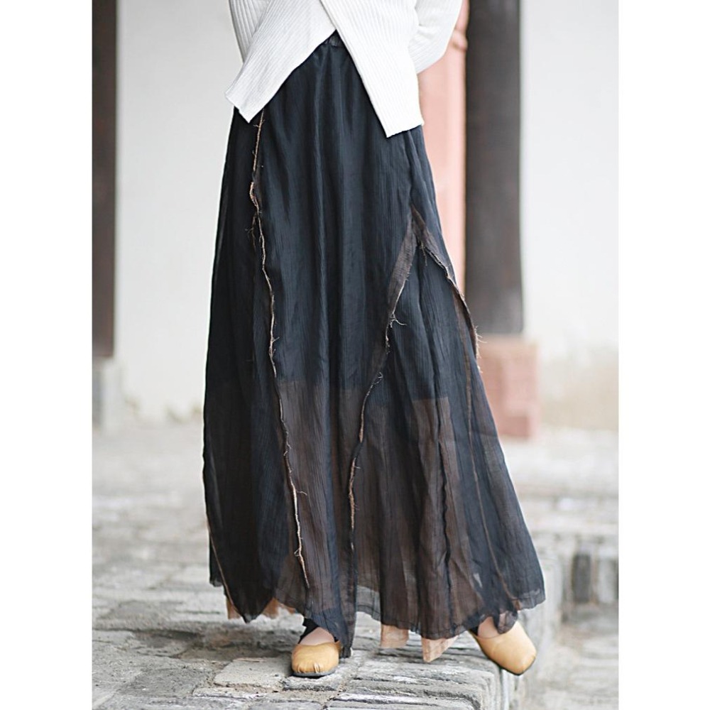 小眾設計感 天絲撕邊拼色半身裙 *2色 | kukuta-細節圖2