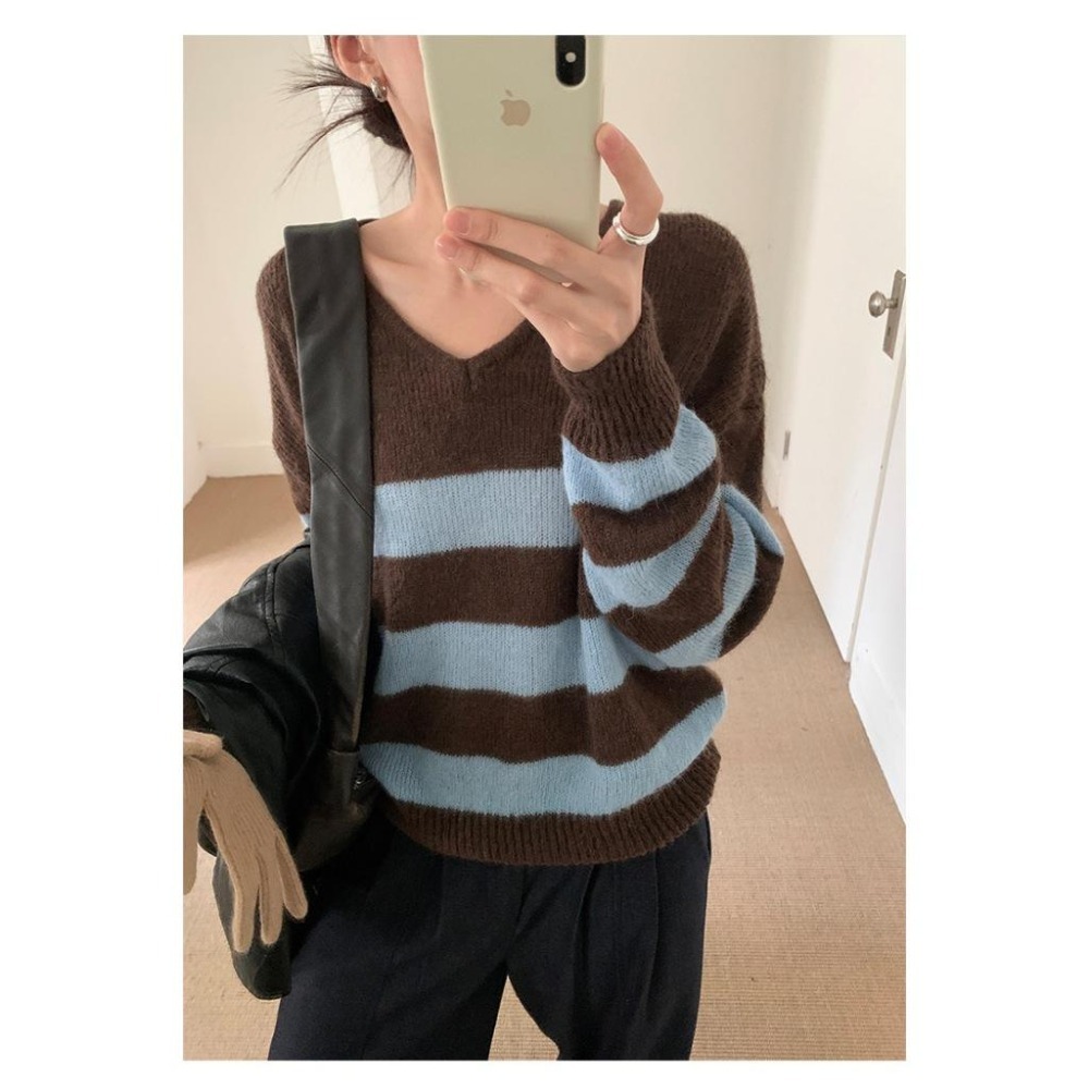 韓系慵懶 寬鬆條紋撞色V領毛衣 休閒長袖針織上衣 *2色 | kukuta-細節圖2