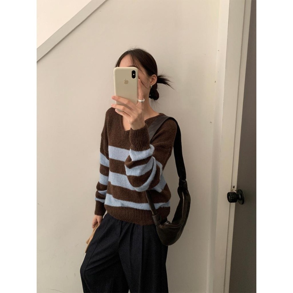 韓系慵懶 寬鬆條紋撞色V領毛衣 休閒長袖針織上衣 *2色 | kukuta-細節圖4
