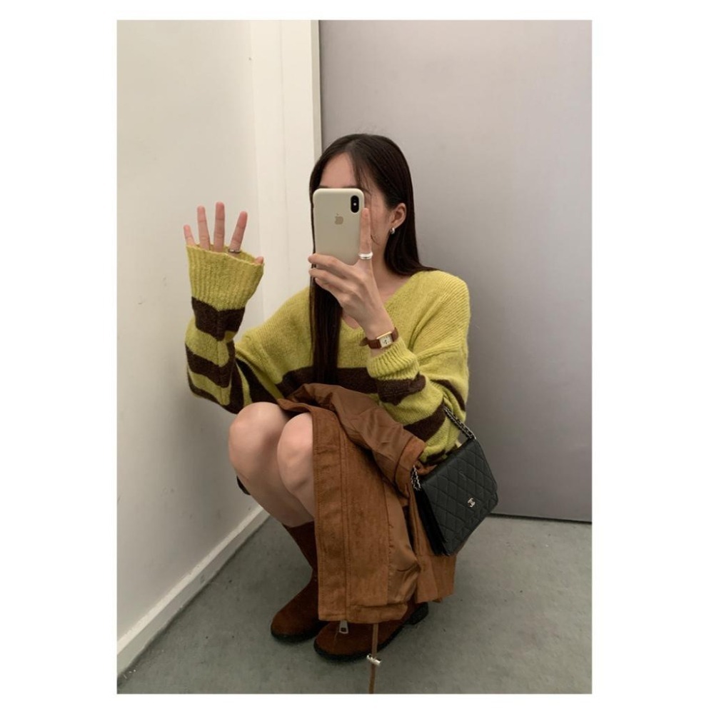 韓系慵懶 寬鬆條紋撞色V領毛衣 休閒長袖針織上衣 *2色 | kukuta-細節圖5