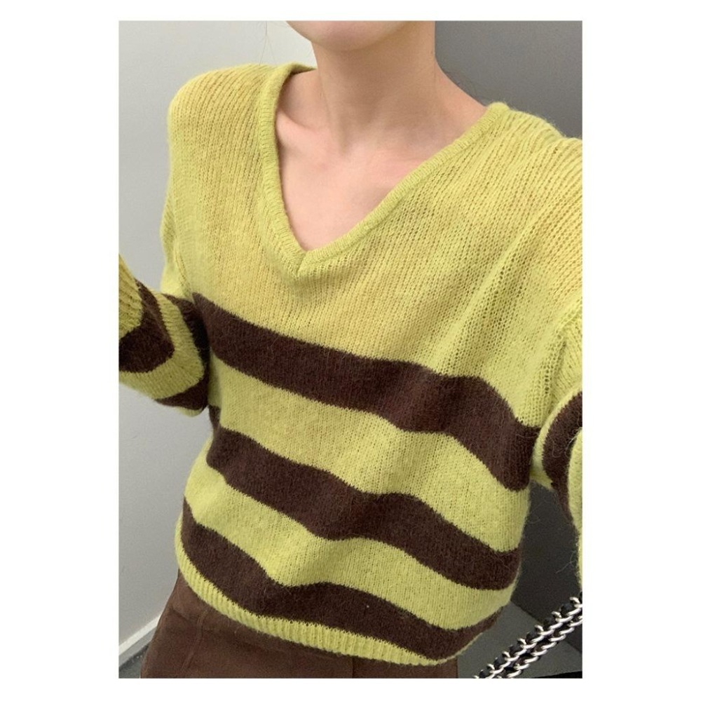 韓系慵懶 寬鬆條紋撞色V領毛衣 休閒長袖針織上衣 *2色 | kukuta-細節圖6