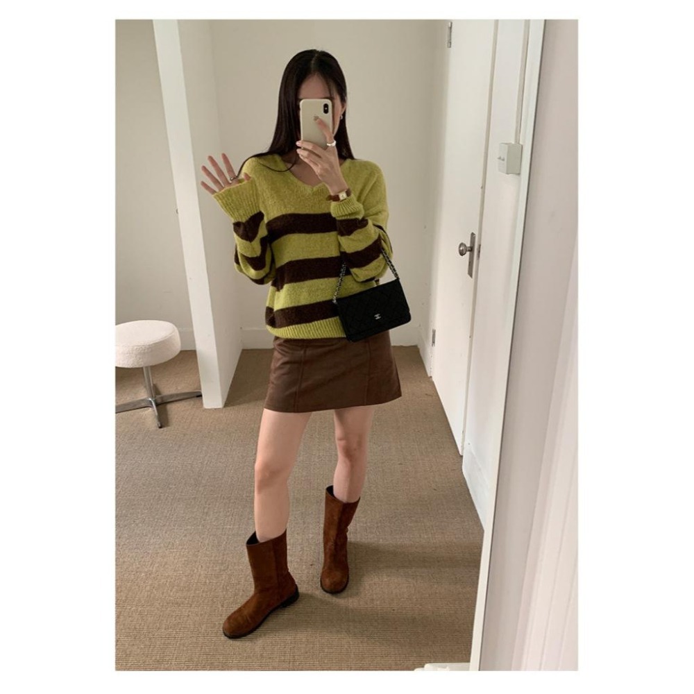 韓系慵懶 寬鬆條紋撞色V領毛衣 休閒長袖針織上衣 *2色 | kukuta-細節圖8