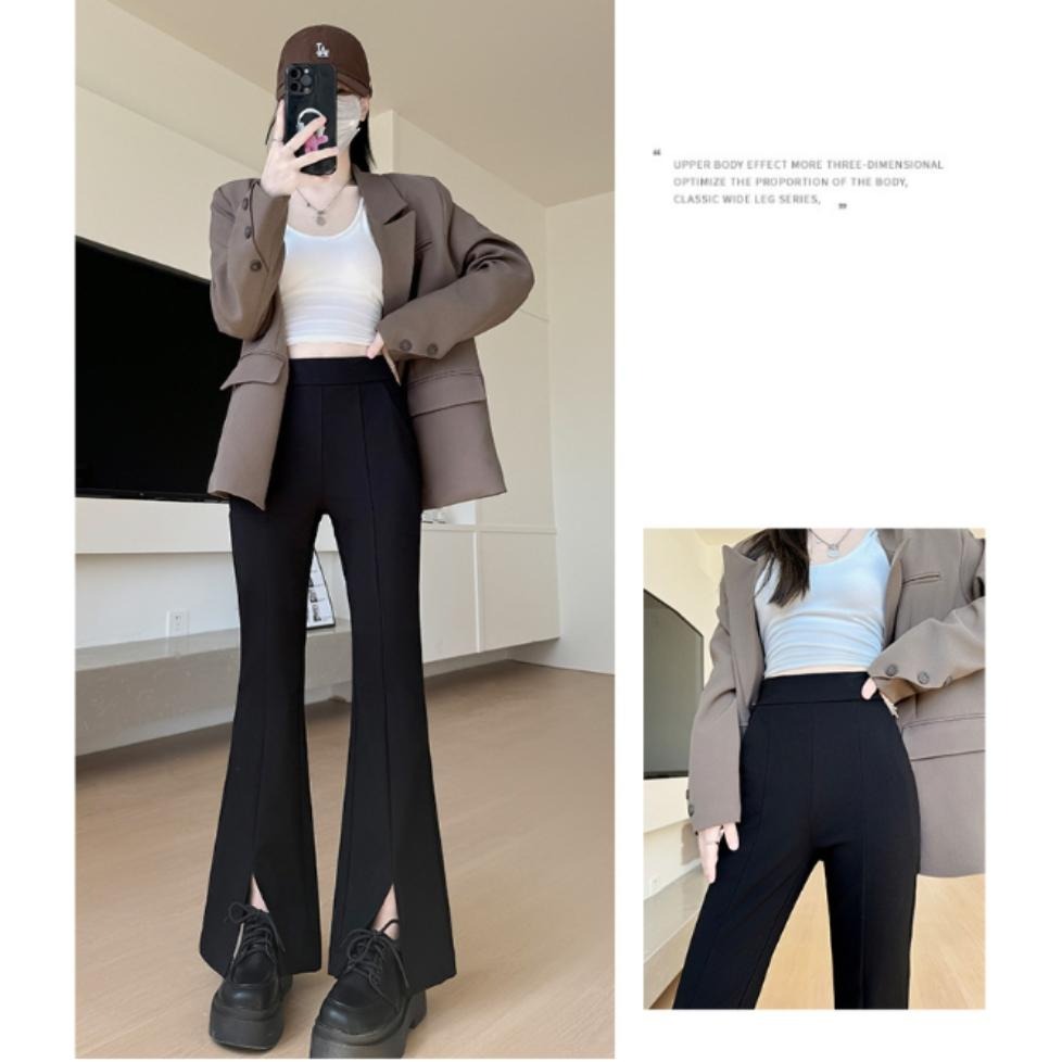 現+預 長腿必備 黑色開叉微喇叭褲 彈力修身長褲 (S-2XL)| kukuta-細節圖4