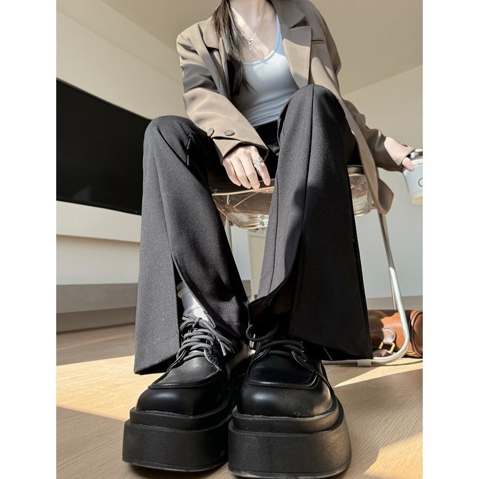 現+預 長腿必備 黑色開叉微喇叭褲 彈力修身長褲 (S-2XL)| kukuta-細節圖5