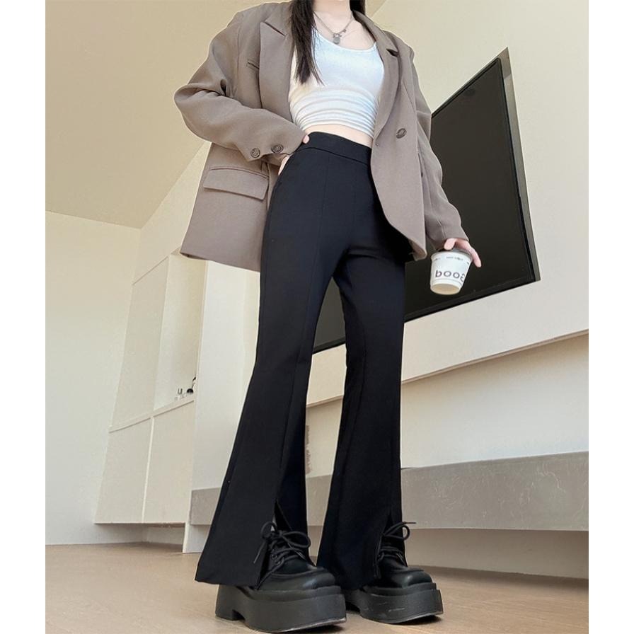 現+預 長腿必備 黑色開叉微喇叭褲 彈力修身長褲 (S-2XL)| kukuta-細節圖6