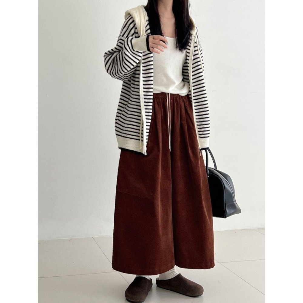 休閒復古 燈芯絨彎刀闊腿褲 顯瘦抽繩九分褲長褲 *3色 (M-L) | kukuta-細節圖8