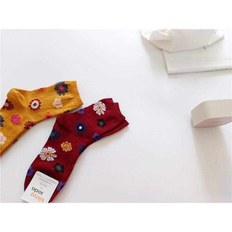 正韓🇰🇷 復古彩色花朵中筒襪 kikiyasocks棉襪 *5色 | kukuta-細節圖2