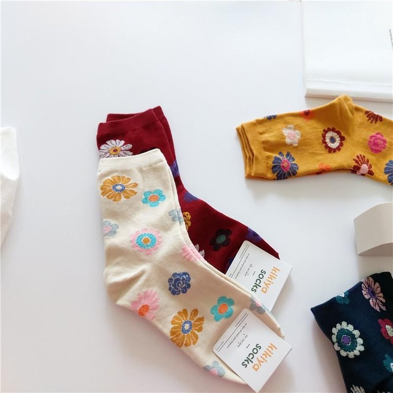 正韓🇰🇷 復古彩色花朵中筒襪 kikiyasocks棉襪 *5色 | kukuta-細節圖3